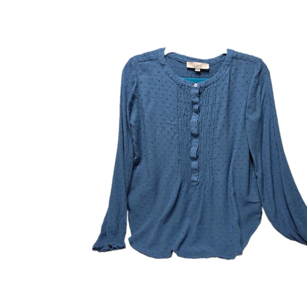 LOFT Women's Blue Long Sleeve Pleated Button Henley Blouse Top Size S
